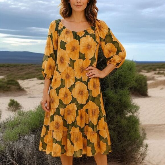 Linea Floral Tiered Midi Dress Plus 1X Ruffles Long Sleeve Cottage Boho Peasant - Picture 1 of 16